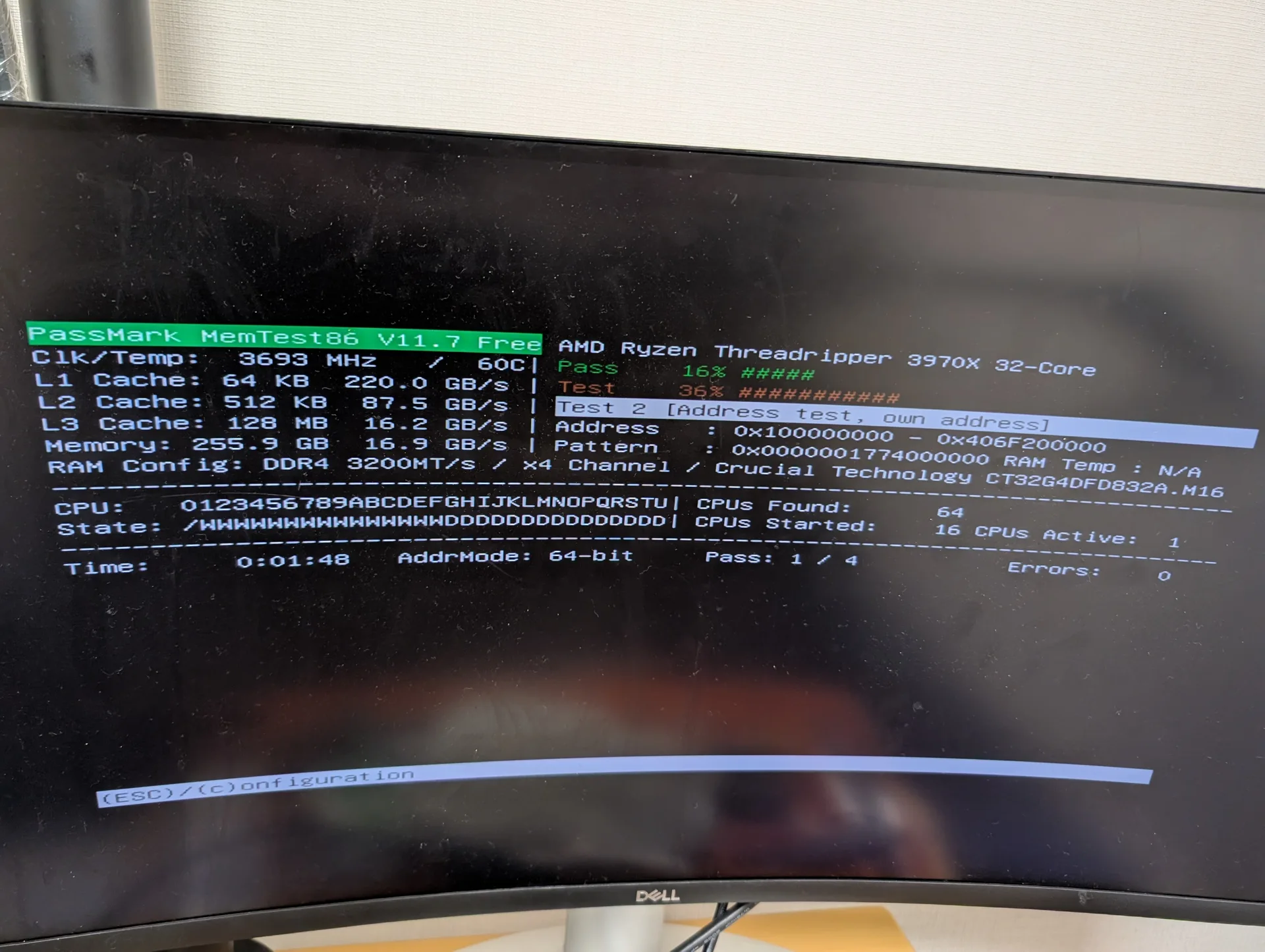 メモリ交換後のMemTest86でエラーが出なくなった画面