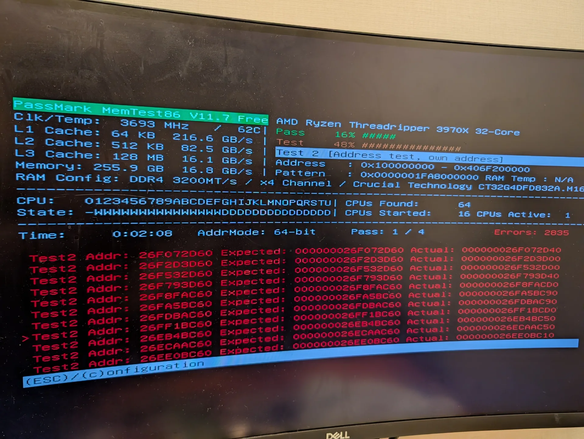 MemTest86でメモリエラーが大量に発生している画面